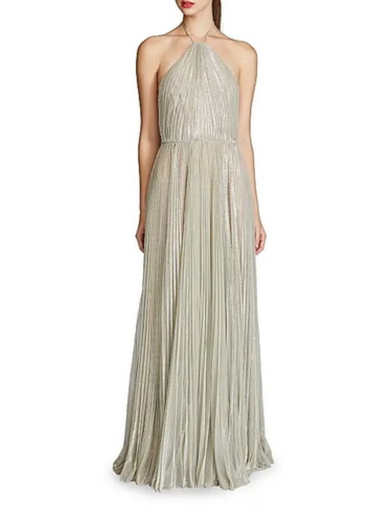 Halston Pewter Marisol Plisse Lurex Halterneck Pleated Gown